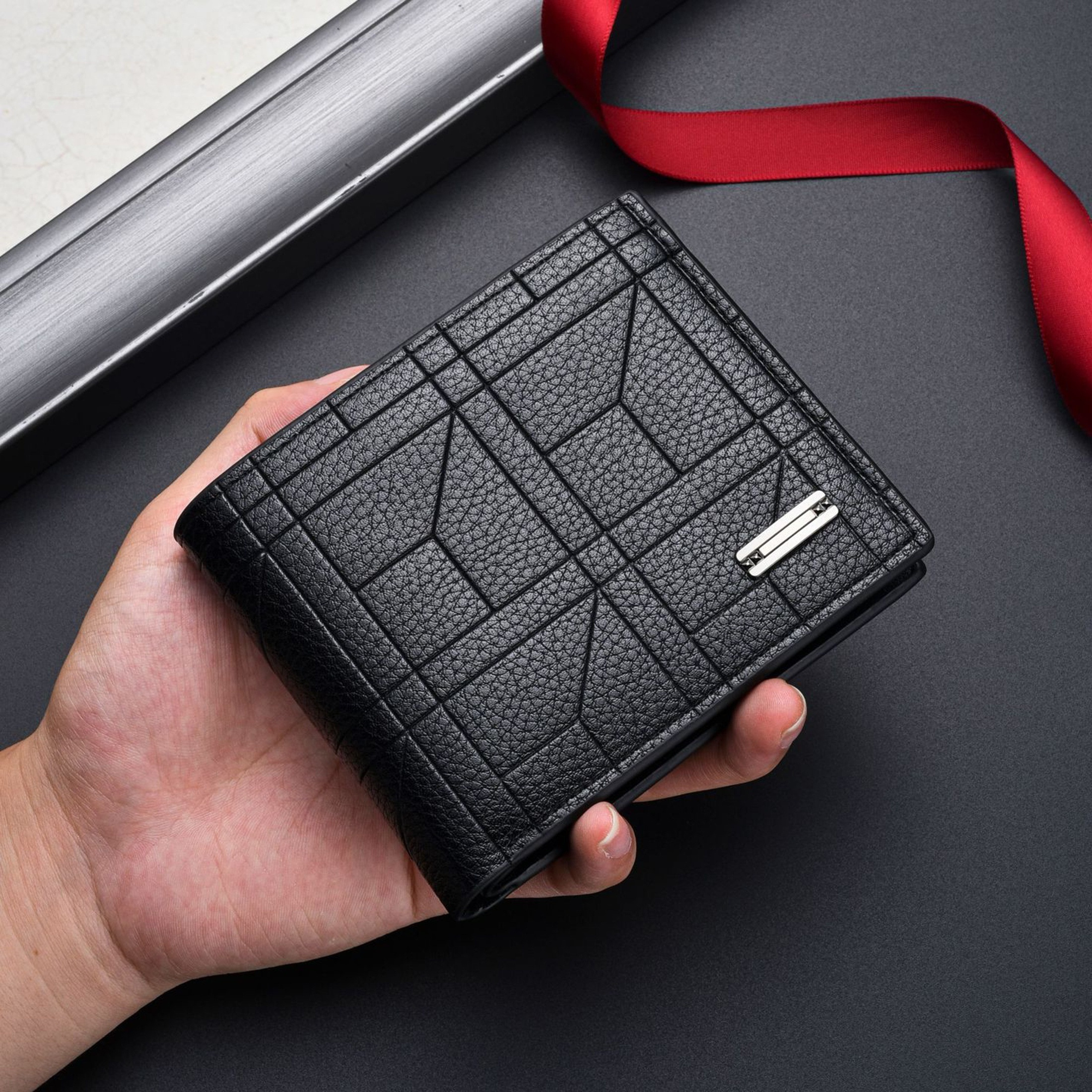 Men's Sleek Black Faux Leather Wallet - Compact High-Capacity Design with Multiple Card Slots, Textured Geometric Pattern & Star Clasp, Perfect for Business Professionals, Professional Accessory | Elegant Metallic Clasp | Durable Wallet