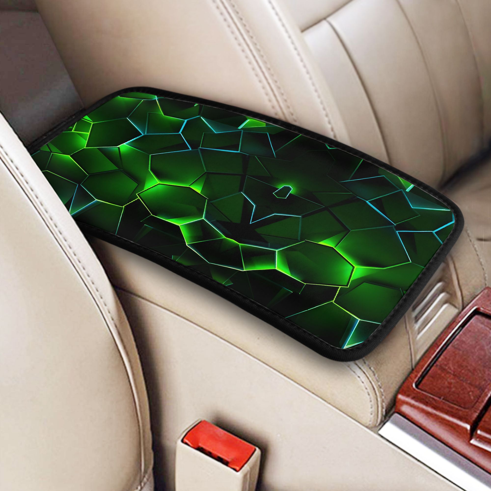 TEMU 1pc Green Geometric Universal Car Console Cover | Fantasy Cartoon Design Premium Dashboard Protector For Armrest Glove Box Stylish Interior