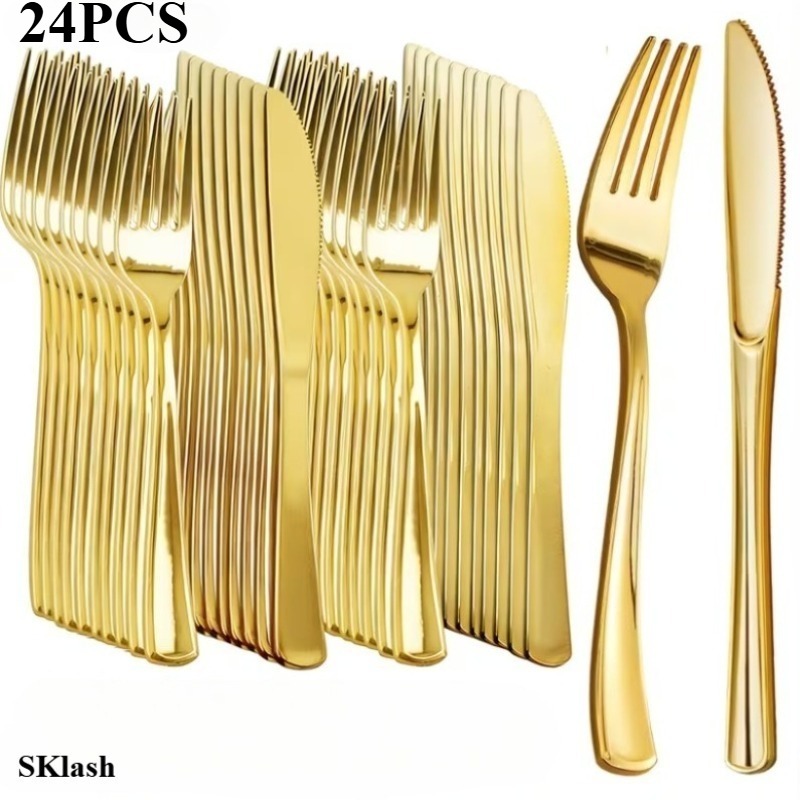 TEMU 24pcs, Sklash Golden Plastic Knives, Forks Golden Tableware, Plastic Tableware Set With Golden Forks, Golden Spoons, Golden Knives For Wedding,