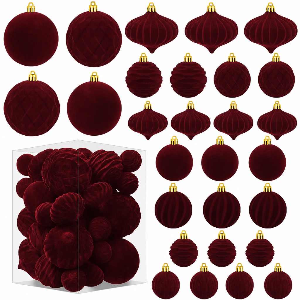 TEMU 28pcs Velvet Christmas Ornaments With Pvc Box, Shatterproof Flocked Christmas Balls Set Assorted Shapes Burgundy Xmas Tree Decorations For