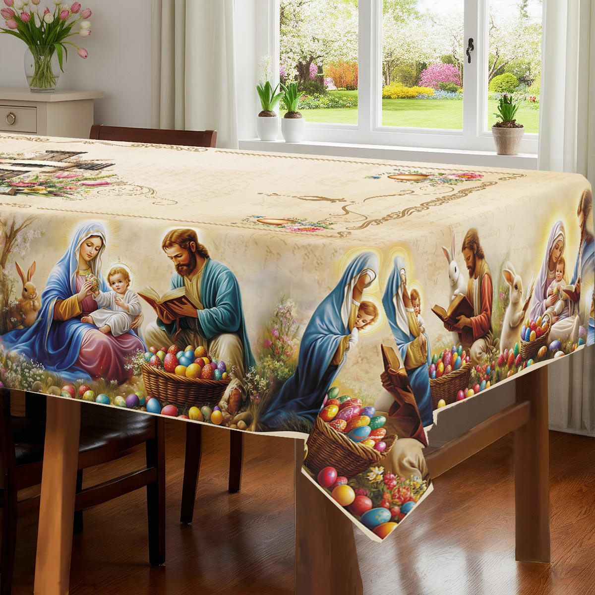 item picture tablecloth 1pc easter themed party tablecloth featuring a vintage rabbit nativity scene easter eggs and floral print design suitable for indoor and outdoor dining picnics dinners and restaurant decorations