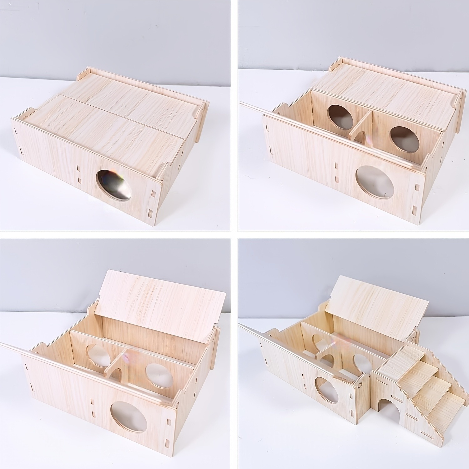 Multi-Compartment Wooden Hamster Hideout with Climbing Ladder