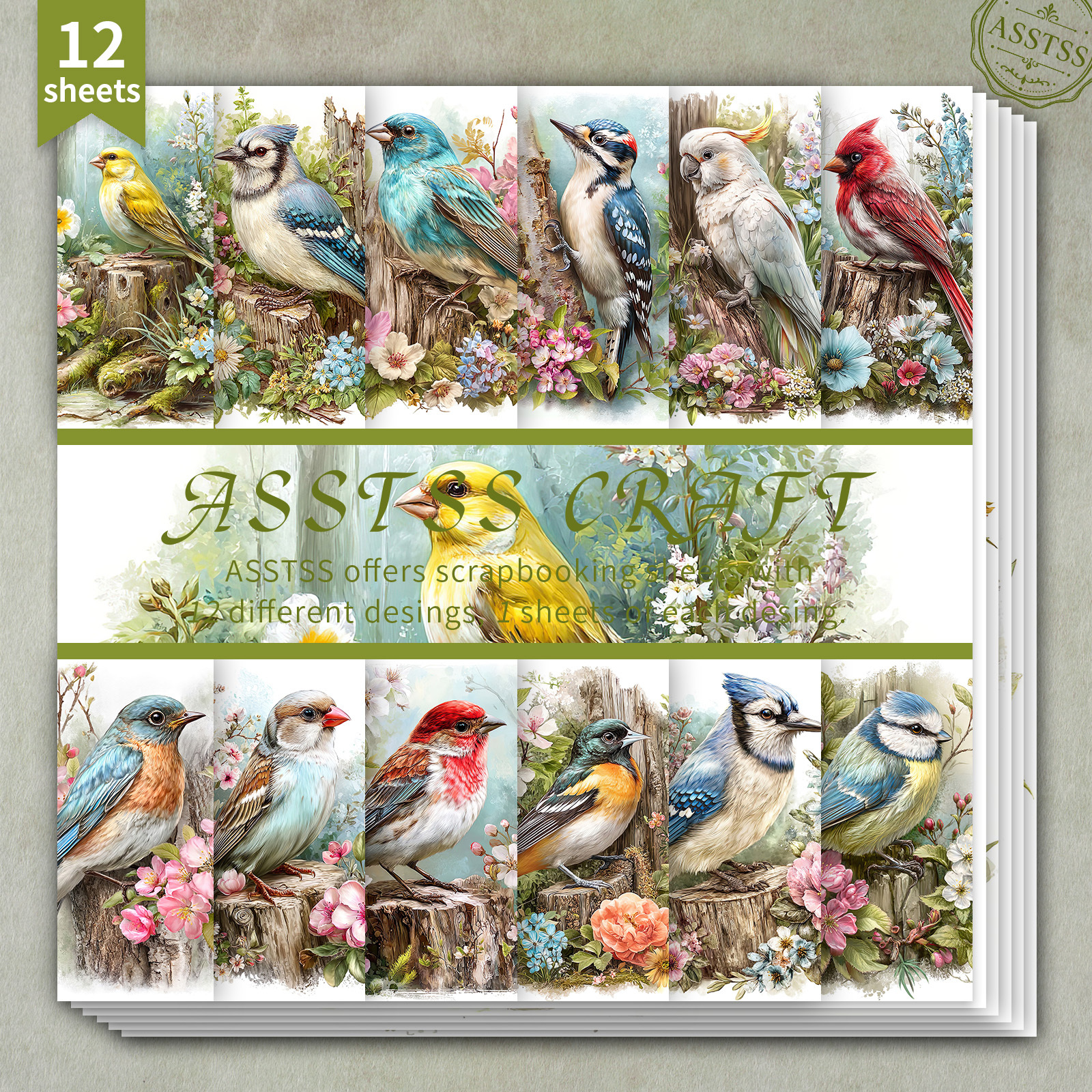 TEMU Lot de 12 feuilles de papier scrapbooking ASSTSS de 6X6 pouces, papier de base style pastoral aquarelle forêt et oiseaux, papier cartonné épais