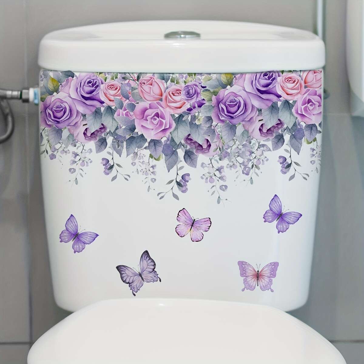 TEMU Self-adhesive Purple Roses & Toilet Decal - Vinyl Bathroom Wall Sticker For Aesthetic Home Decor, For Plastic , Bathroom Decor And Accessories