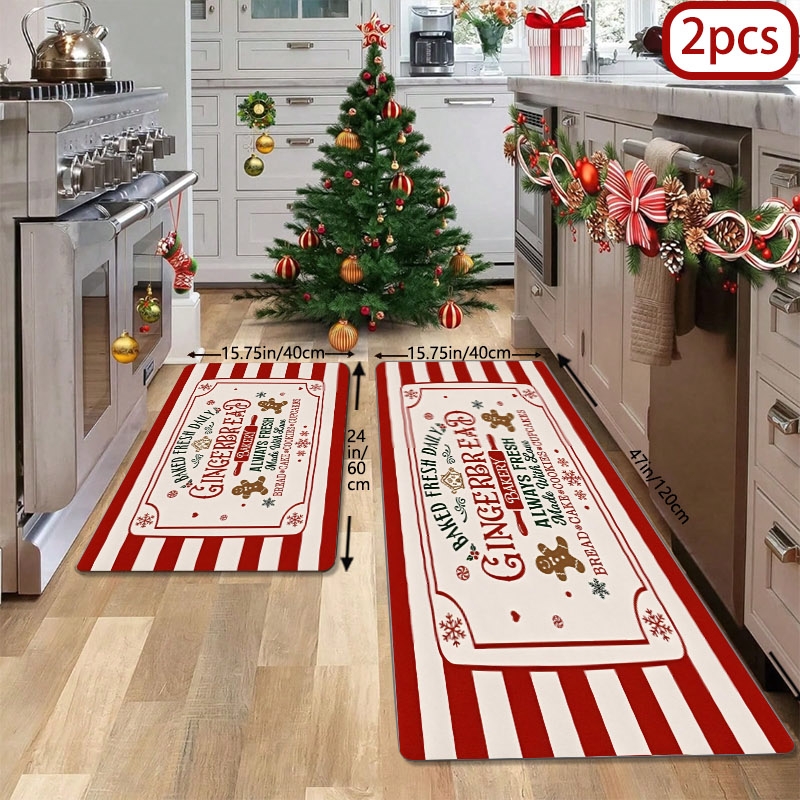 TEMU 2pcs Set, Kitchen Rugs& Matskitchen Mat Holiday Gingerbread For Man Doormat Red And Soft Flannel Non-slip Durable Home Decor For Entrance,