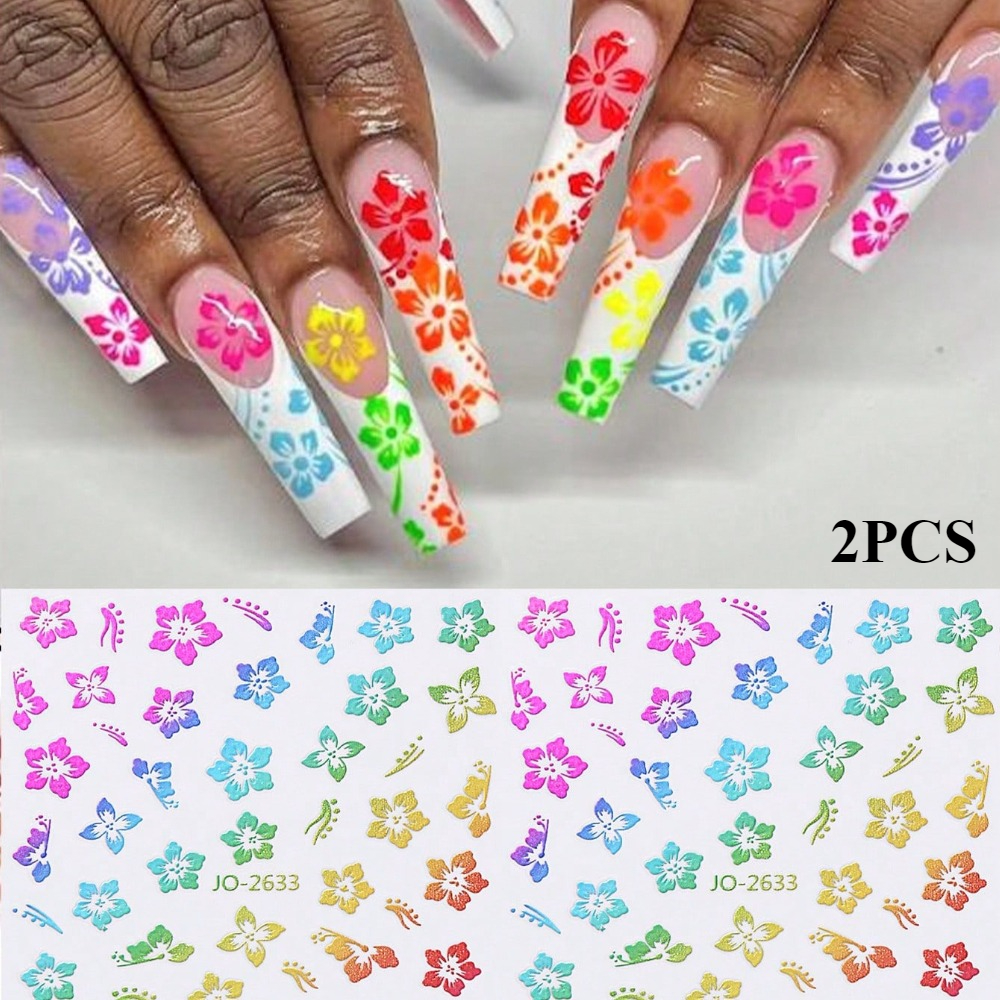 2pcs Colorful Hibiscus Flower Nail Stickers, Floral Hot Foil Self-adhesive Nail Stickers, Nail Salon Decoration Nail Additions