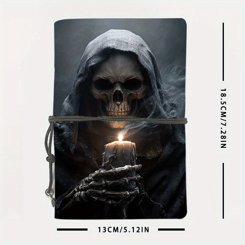 Image of Leather Workplace Notebook As Office Essential 80 Sheets(160 Pages) Lanyard Great For Business Meetingsskull, Hooded Robe, Candle, Smoke