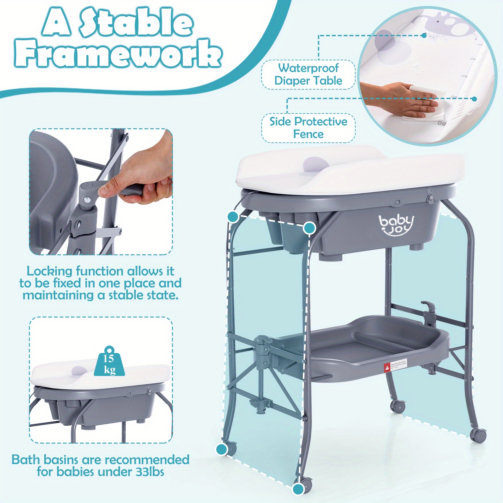 Grey COSTWAY 2-in-1 Folding Changing & Bathtub Table Mobile Nursing Station w/ Lockable Wheels & Storage Basket - Image 5