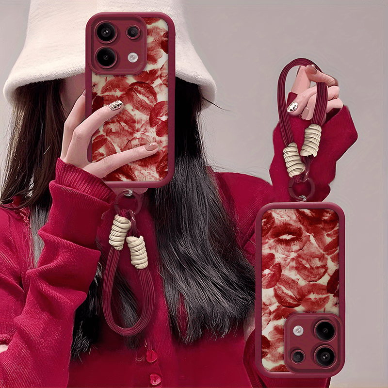 TEMU Wine Red Character Lips Phone Cases For Xiaomi Redmi Note 13 Pro 5g/poco X6 5g(multimodel Universal) Lanyard Phone Case For Men And Women.