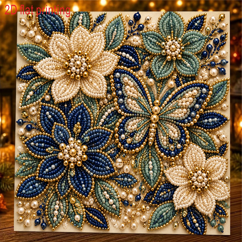 TEMU 1pc, 2d Flat Printing, Pearl Art Diamond Painting Kit, Handmade Bead Floral Decoration Craft, Exquisite Beadwork Flower Elegant Pattern Artwork,