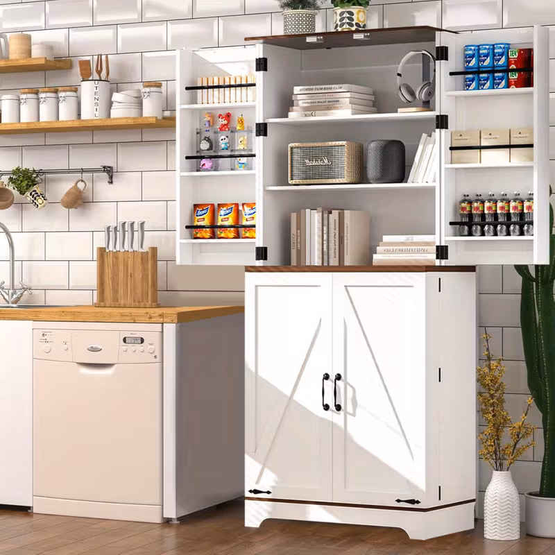 75" Tall White Farmhouse Storage Cabinet with Adjustable Shelves - Rustic Wood Pantry Cupboard for Kitchen, Bathroom & Dining Room