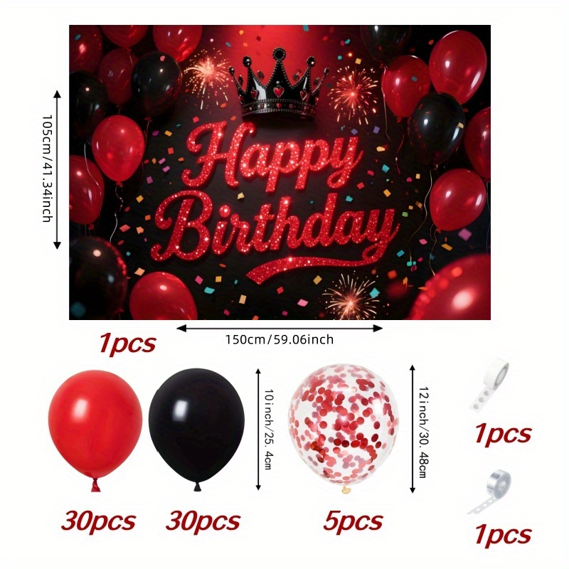 Image of Red Birthday Party Decoration Set - With X 60 Inch Red And Black Crown Birthday Background Cloth, Perfect For Birthday Parties, Baptisms, Weddings, Anniversaries, Home Events, Party Decorations