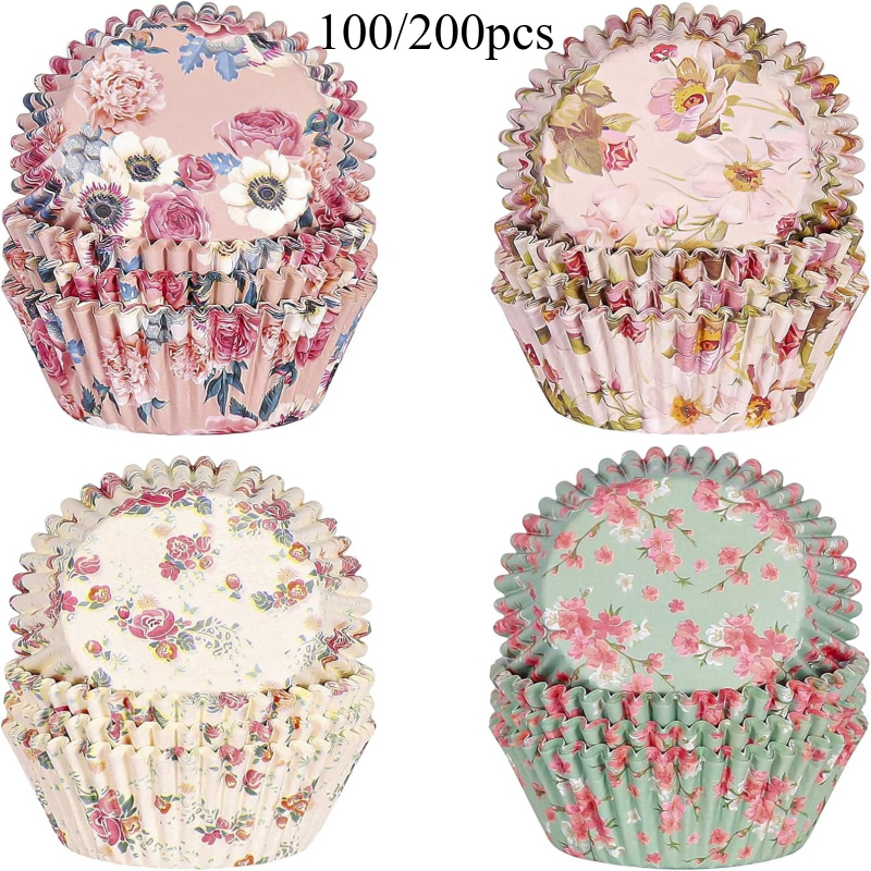 100 200pcs of paper cupcake cups muffin cups for baking measuring 5 3cm assorted in 4 styles suitable for celebrations such as mothers day valentines day wedding anniversaries birthdays easter st patricks day eid and new years