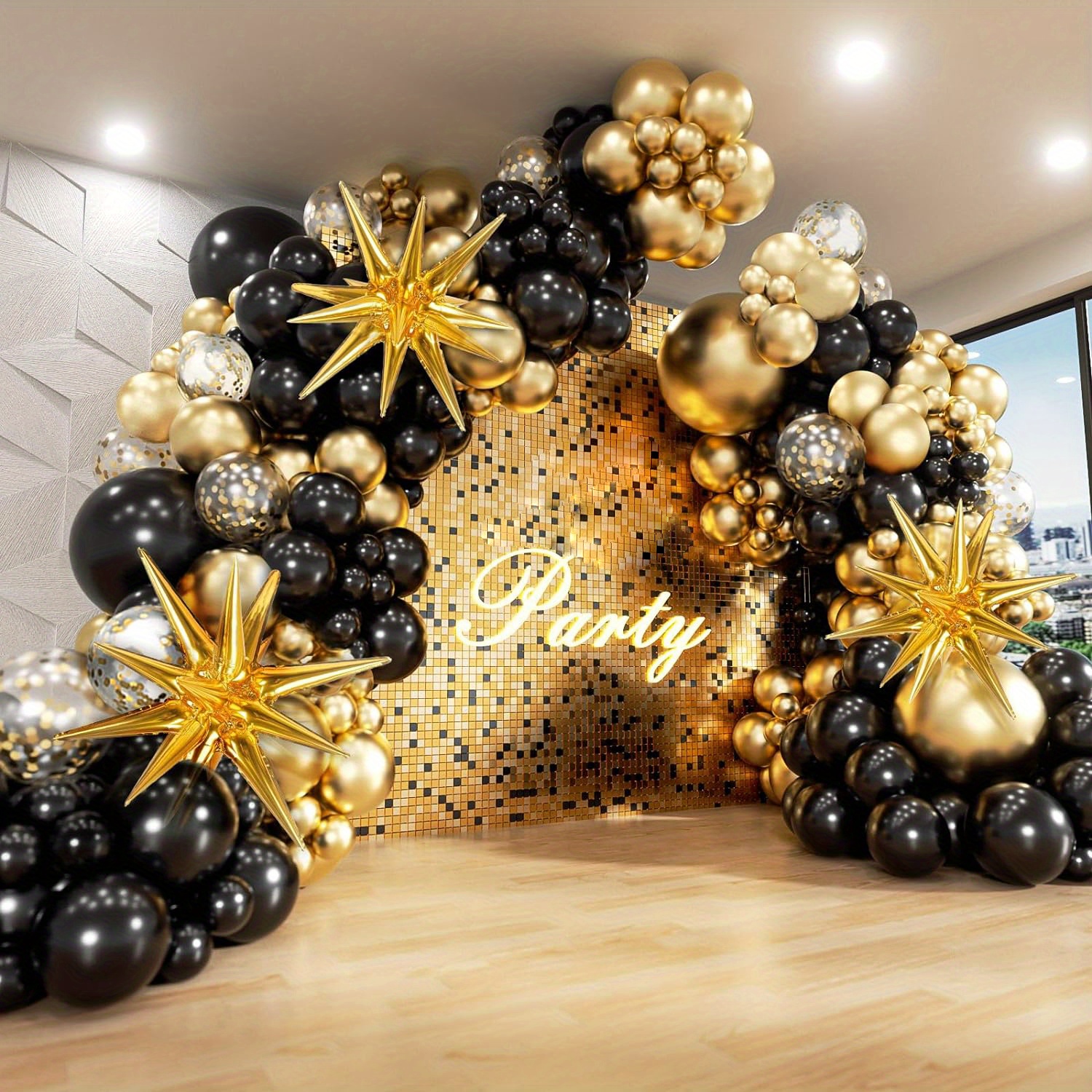 

121pcs Black & Golden Arch Kit, Emulsion Balloons, Starburst Foil Balloons, Versatile Decoration For 14+, With No Electricity Needed, For Weddings, Engagements, Birthdays, New Year, Anniversaries