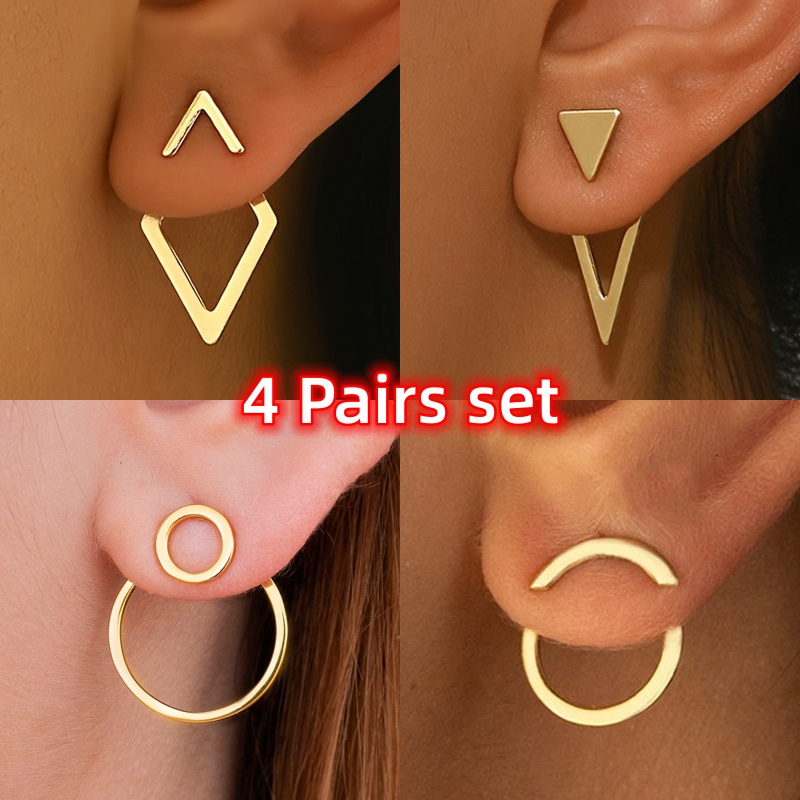 TEMU 4 Pairs Nickel-free -plated Copper Earrings - Retro Geometric Unisex Ear Studs For , Wedding Party, Birthday/christmas Gifts, Daily Wear
