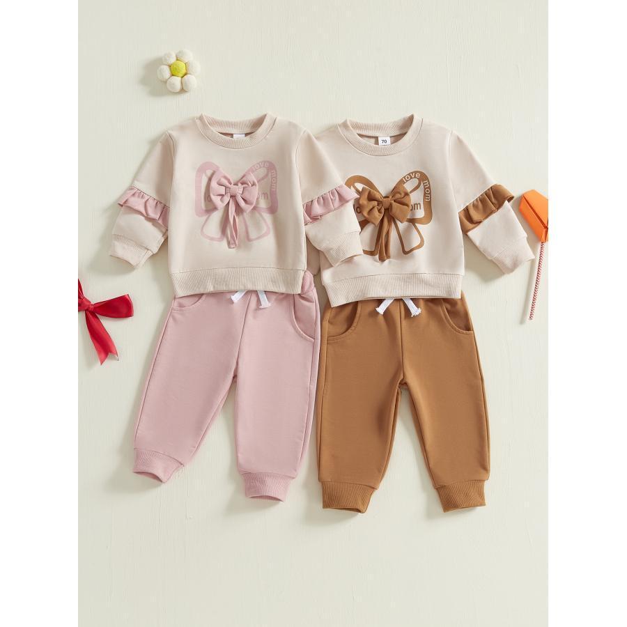 

Baby Girls 2pcs Outfit, Long Sleeve Crew Neck Bow Sweatshirt With Waist Sweatpants Fall Clothes, Outdoor