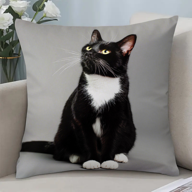TEMU 1pc 17.7x17.7 Inch Soft Short Plush Pillowcase Black White Cat Pattern Decorative Cushion Cover For Sofa Bedroom Car 2d Single-sided Printing