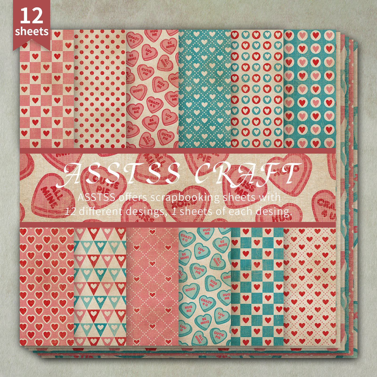 TEMU 12-sheet Asstss 6*6-inch Scrapbooking Paper Pad, Featuring A Retro Heart Theme For Valentine's Day, Includes Heavyweight Cardstock Suitable For