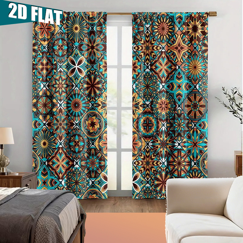 TEMU 2pcs Bohemian Mandala Floral Curtains, Teal Blackout Curtains, Light-filtering Thermal Insulated Window Treatments Suitable For Living Room,