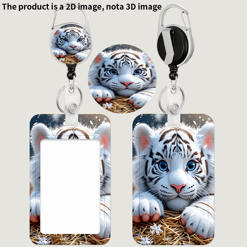 TEMU Porte-cartes de bus 2D plat à rayures de tigre blanc, dessin pour femme, porte-cartes d'identité avec lanière rétractable, languette de traction