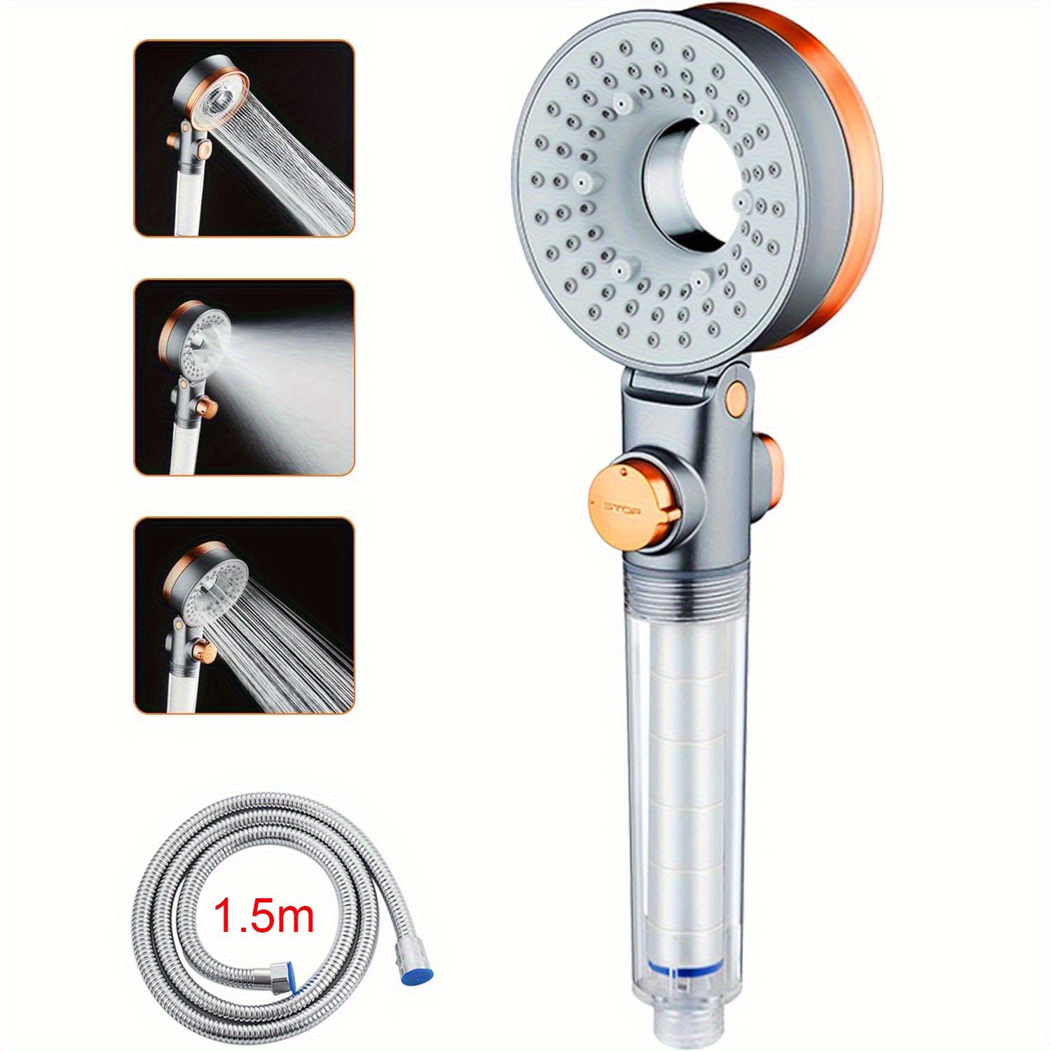 1set High Pressure Shower Head With 1.5m Hose, 3 Shower , Built-in Pp Filter, Handheld Shower