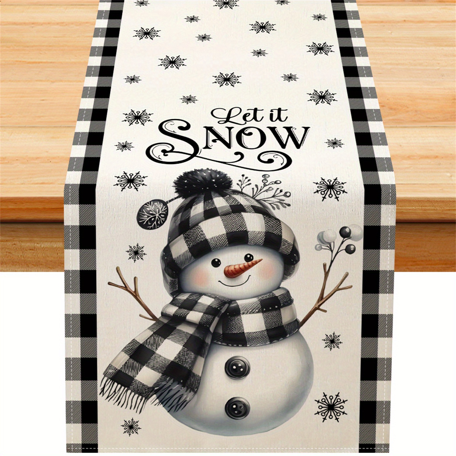 TEMU 1pc Snowman & Snowflake Checkered Christmas Table Runner Suitable For - Rectangular Kitchen/dining Decor With Snowflake & Snowman Patterns,