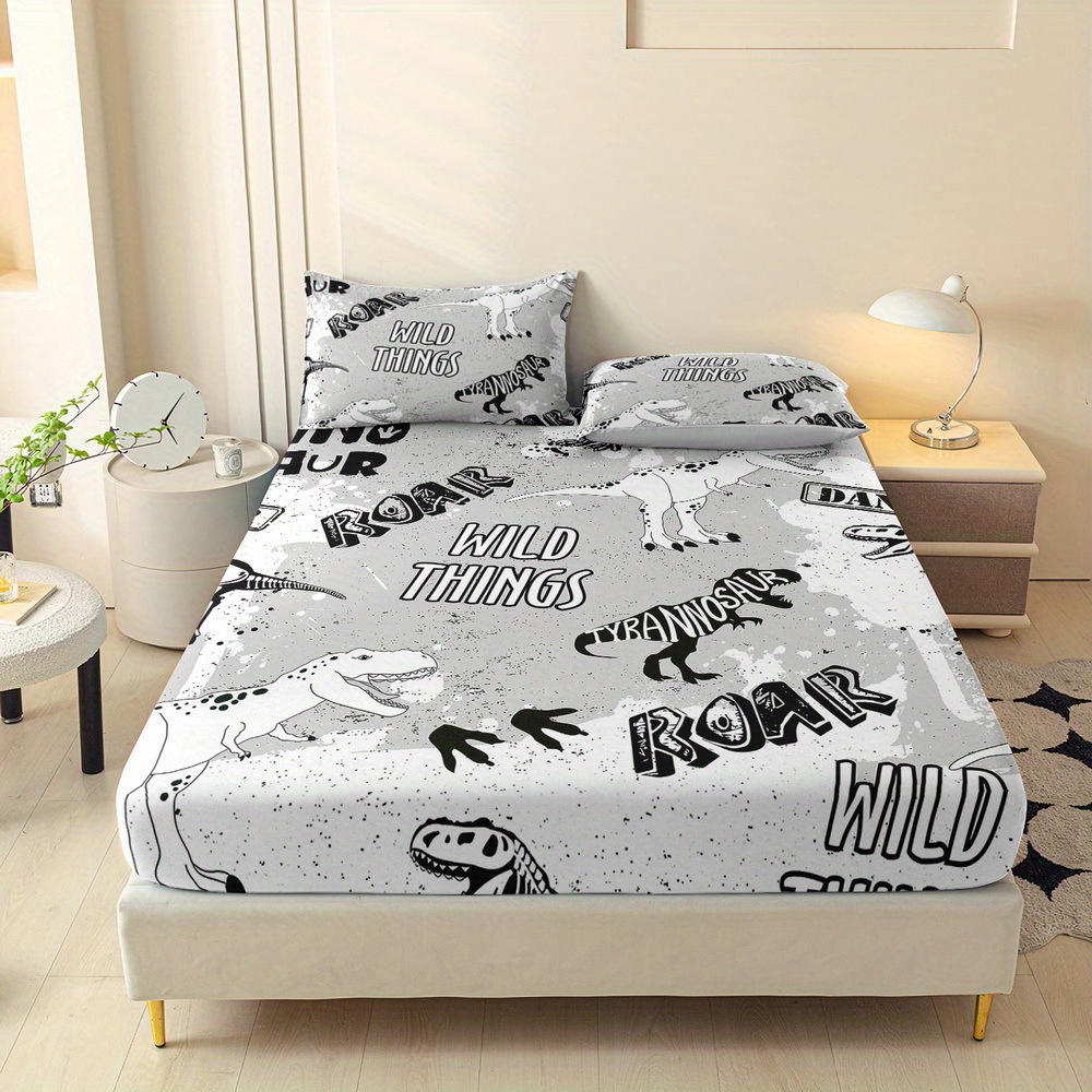 TEMU 3pcs Dinosaurs Printed Fitted Sheet Set, Queen Mattress Cover, Twin Mattress Protector, King Bedding Set, Polyester Machine Washable, Bedroom ,