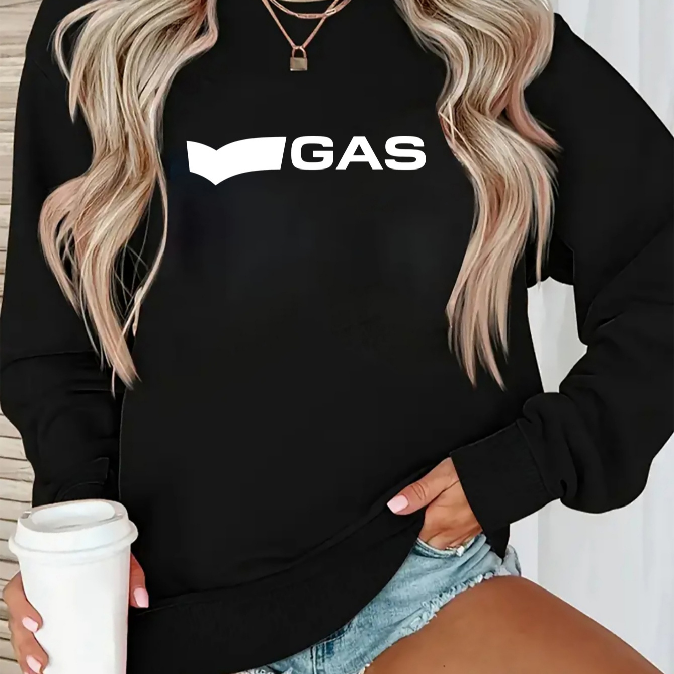 

Women's Casual Crew Neck Sweatshirt - Stylish Pullover, Soft Polyester Fabric, With Black "gas" Design, Machine Washable, Comfortable Casual Attire