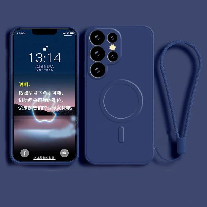 Phone Case - Liquid Silicone Magnetic Phone Case for Samsung Galaxy S25 S24 S23 S22 Ultra Plus A56 A55 A36 A16 A15 A35 Soft Matte Shockproof Shell Wireless Charging Protective Cover with Short Rope Wristband