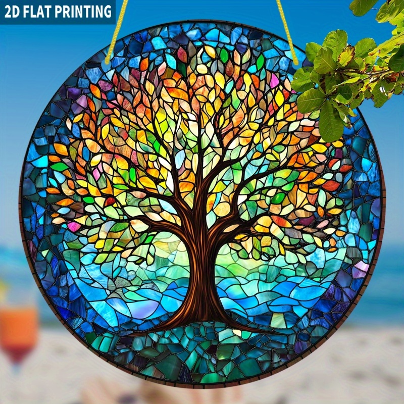E-shop 2D Flacher Lebensbaum Sonnenfänger, 1 Stück Bunter Runder Fensterhänger aus Acryl, 20x20 cm im Glasmalerei-Stil mit Lebendigen Mosaikmustern,