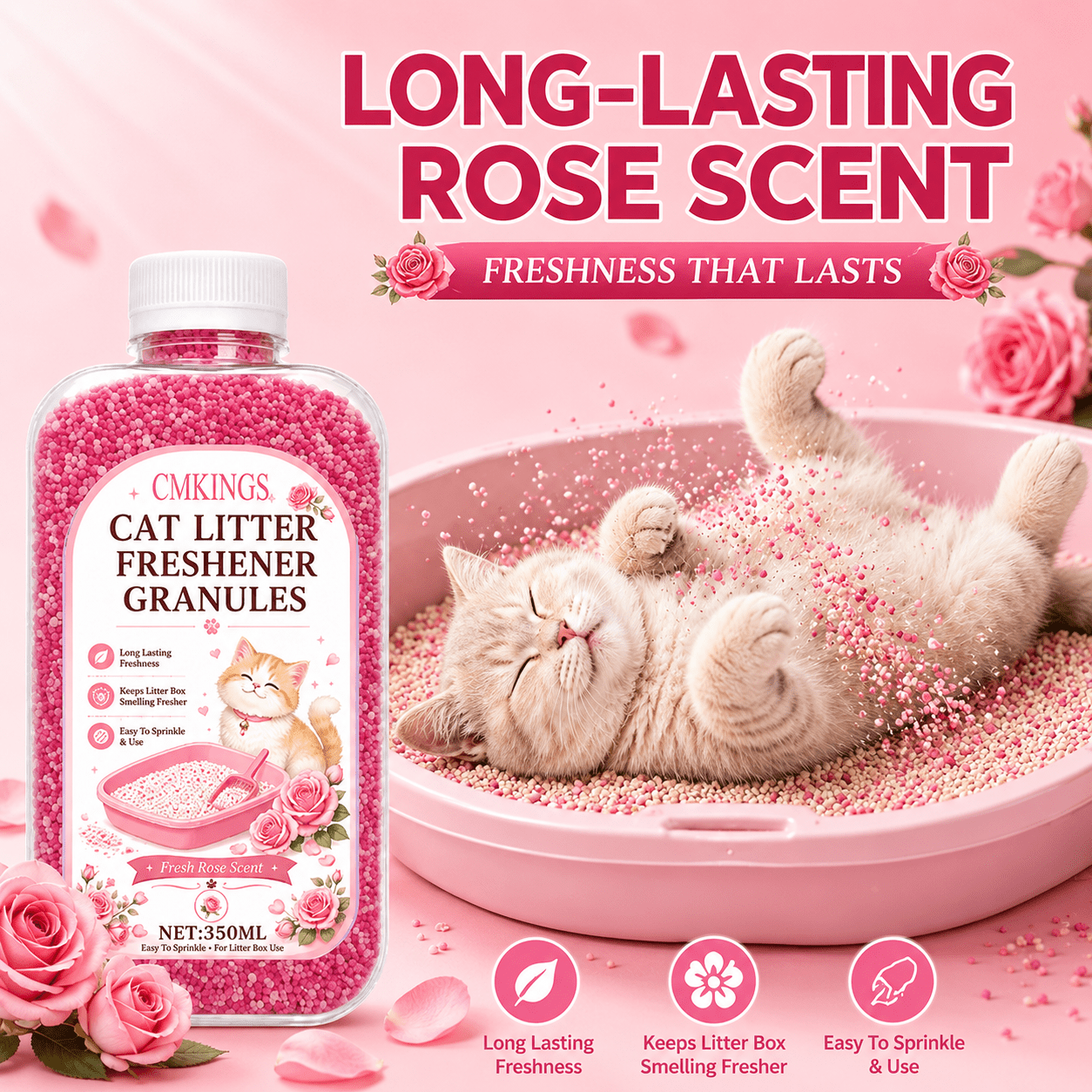 TEMU 350ml Large Capacity Bottled Rose Scented Cat Litter Fragrance , Long-lasting Scent Slow Release Scent Beads, Home Indoor Cat Litter Box