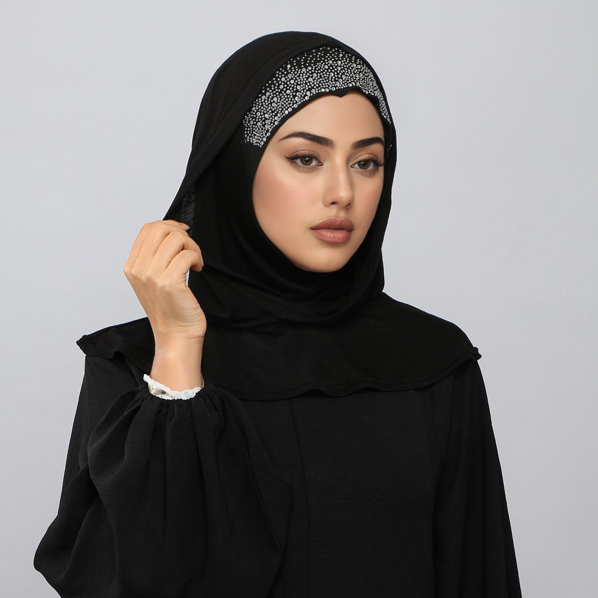 muslim new solid hot drilled double layer hooded scarf thin   comfortable soft breathable headscarf hat outdoor indoor gathering dining ramadan eid headscarf