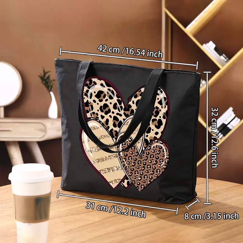 womens large capacity oxford tote bag retro artwork with golden glitter accents durable oxford fabric zipper closure fixed shoulder straps machine washable black commuter bag for work travel travel shoulder bag heart pattern tote durable construction details 2
