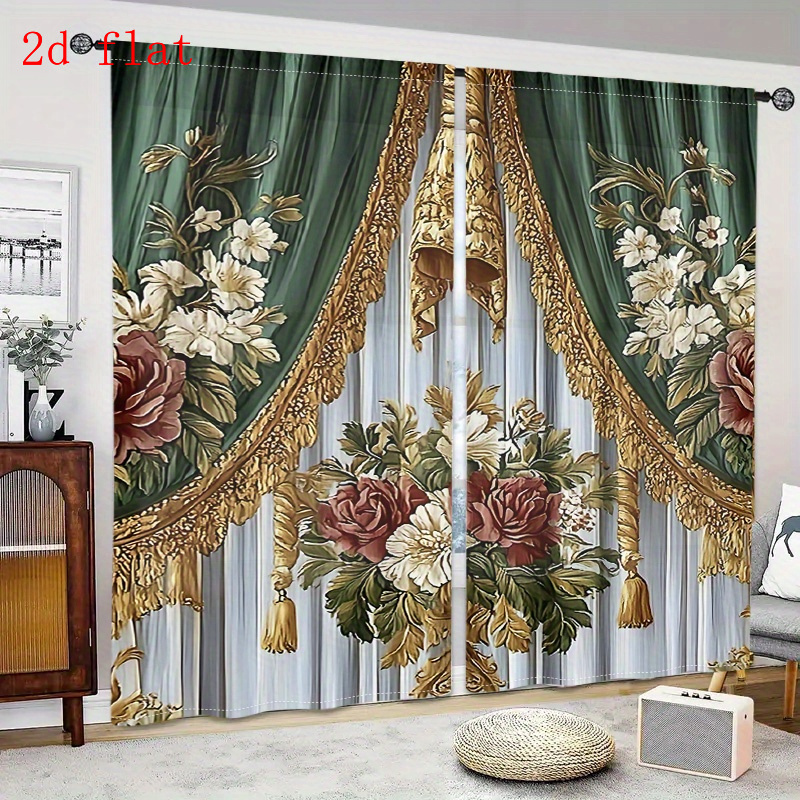 TEMU 2d Flat, 2pcs Set, Modern Art Decorative Living Room Curtains, European Luxury Floral Curtains, Semi-blackout Curtains, Semi-transparent