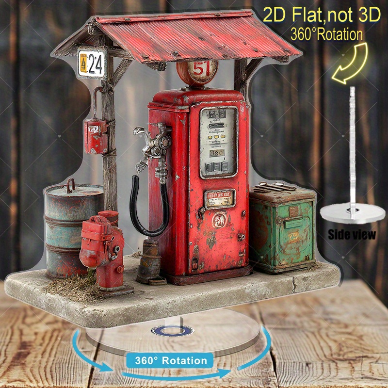 E-shop 2D Flach, 1 Stück Vintage Rote Zapfsäule Figur - 360° Drehbarer Acryl Schreibtischdekoration, 2D Gedrucktes Realistisches Design, Kein Benötigt,