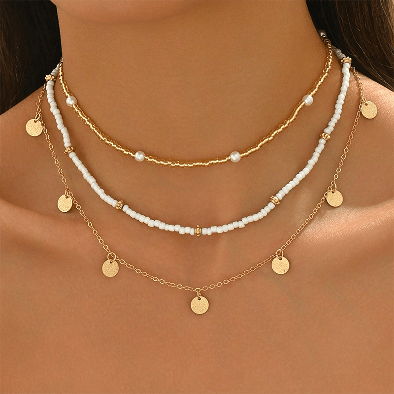 E-shop 3-teiliges Damen-Anhänger-Set, Bohemian-Stil Goldene Quasten Runde Perlenkette Strandurlaub Silberne Mehrschichtige Halsketten aus Glas,