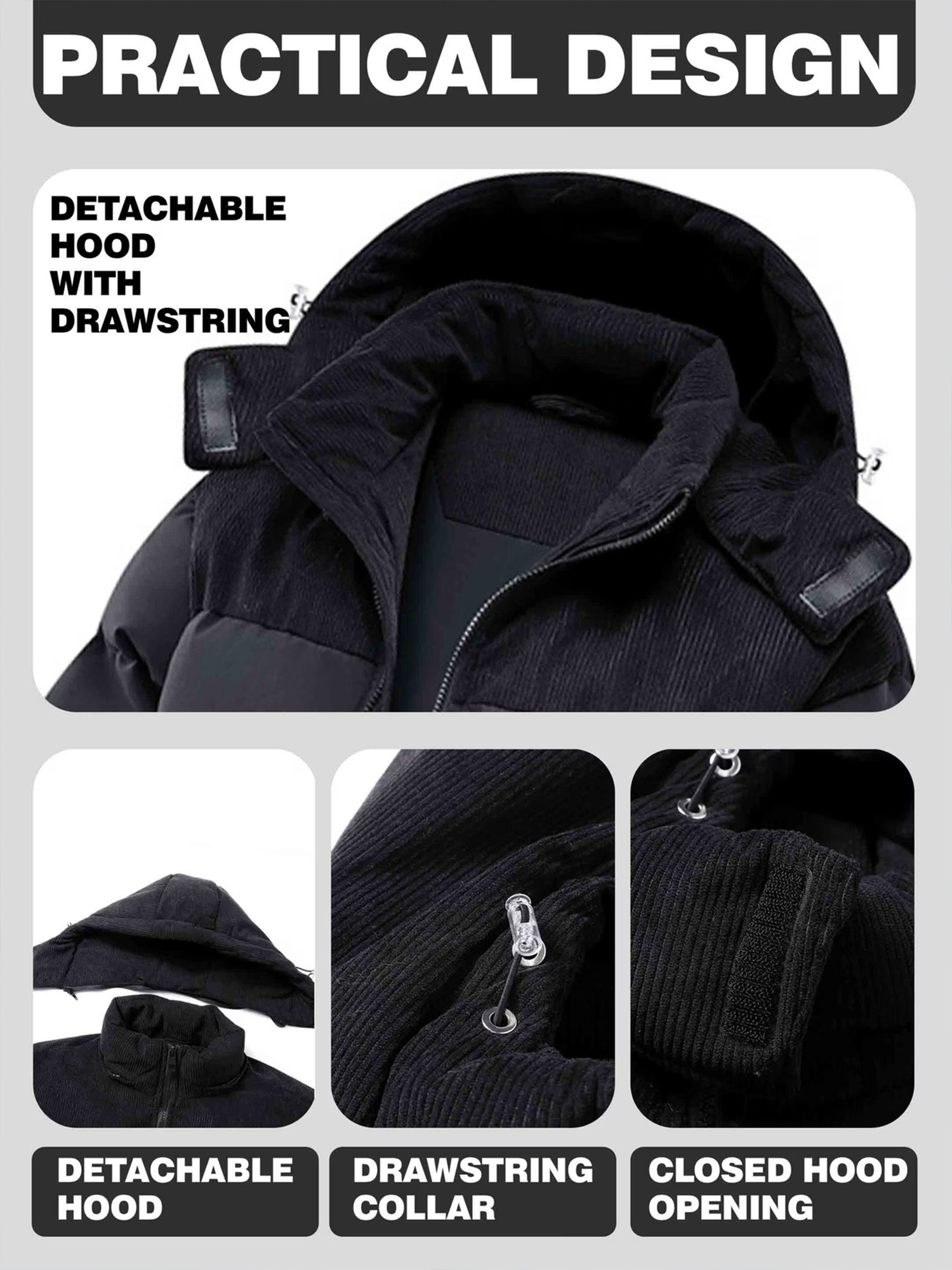 Men's Winter Hooded Corduroy Jacket with Mountain Pattern Print