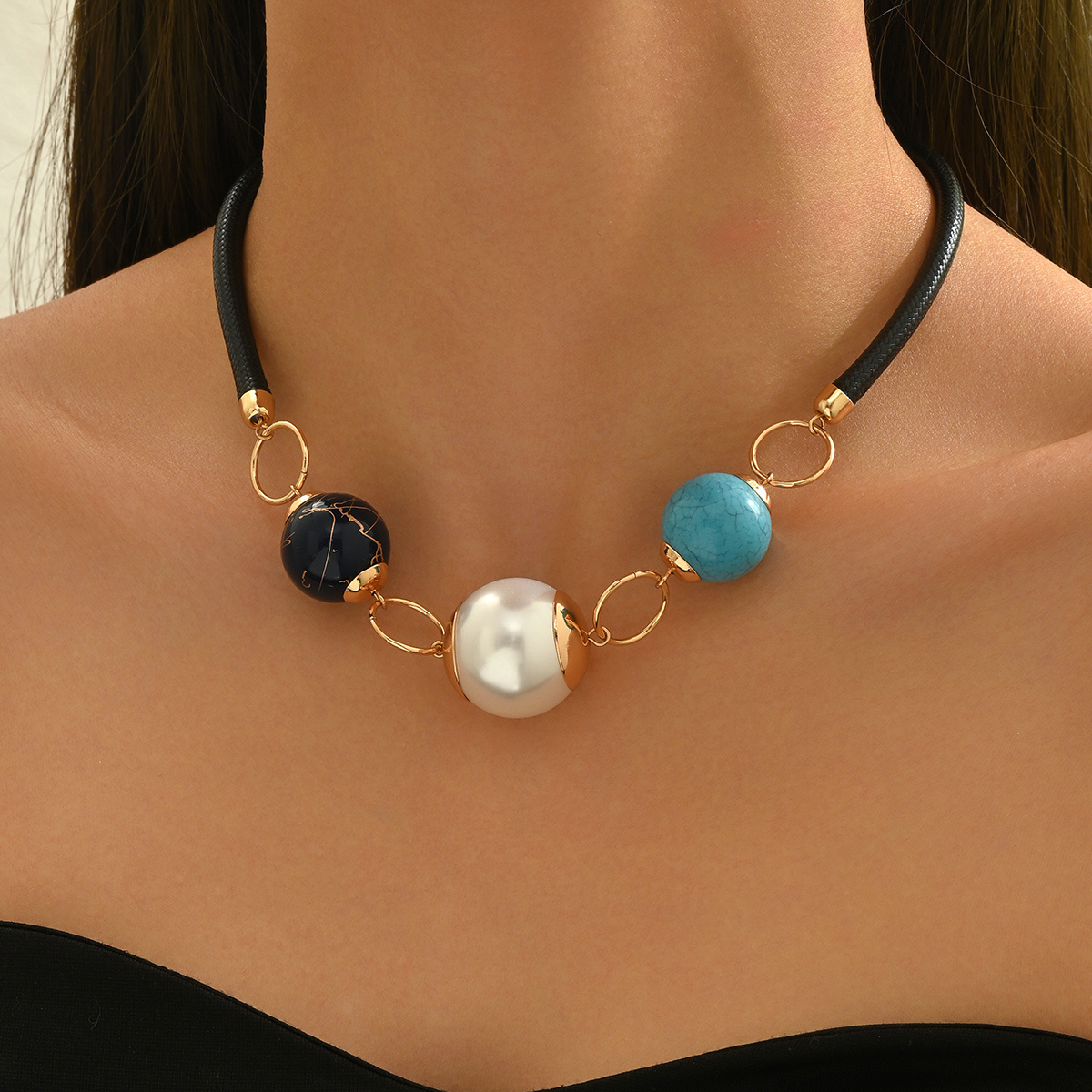 TEMU Collar con Colgante para Mujer 1, Fácil y Personalizado, Estilo Étnico Bohemio Retro, Geométrico, , Perla Estampada, Cuenta Redonda Grande,