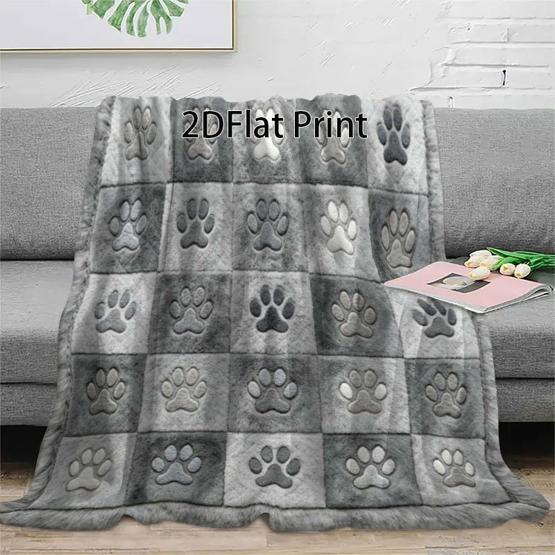 TEMU 1pc Halloween And Christmas 2d Flat Printed Flannel Blanket, Soft And Skin-friendly Flannel Blanket, Gradient Gray Paw Print Cute Pattern, Warm