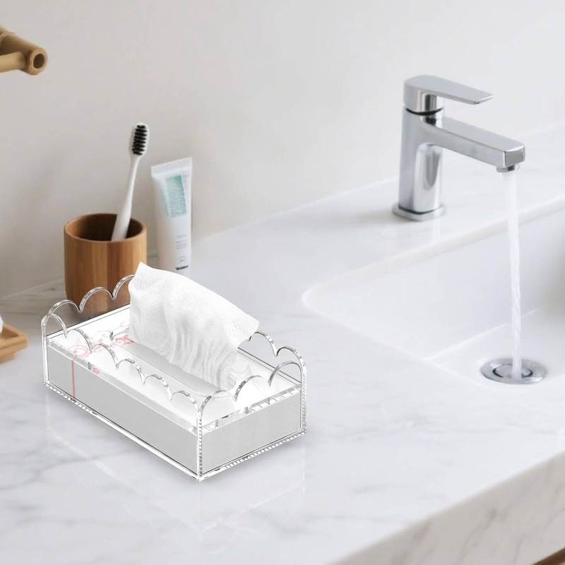 clear acrylic tissue box cover holder with non-slip lid - heavy-duty 8mm thick rectangular napkin dispenser organizer, fits standard tissue boxes, modern white &   for bathroom, office, kitchen countertop storage (8.9 x4.9 x2.9 ) - dust-resistant & hygienic surface protector, tissue box holder, facial tissue holder, kleenex box holder, kleenex box cover Product details 4