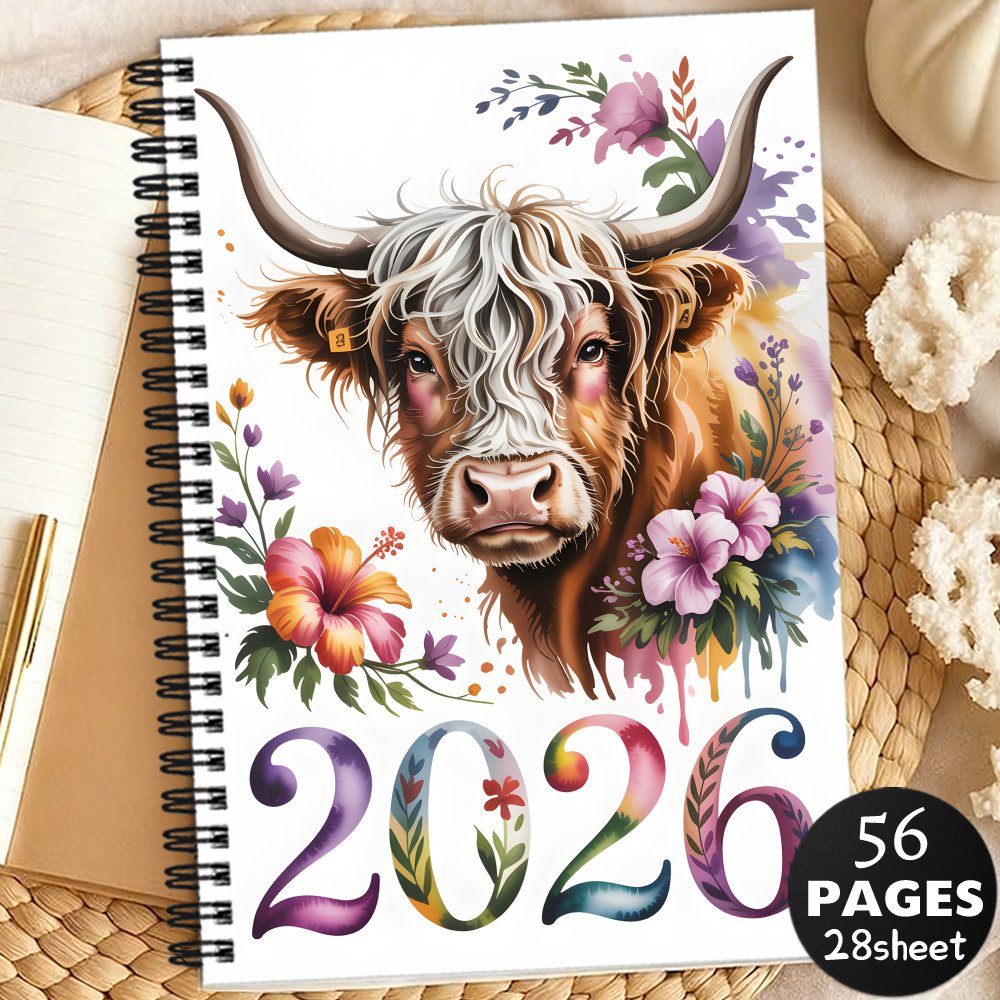 TEMU 1pc 2026 Monthly Planner & Academic Organizer With Cute Scottish Highland Cow & Thistle Flower Cover - Large Print Calendar, Monthly Agenda,