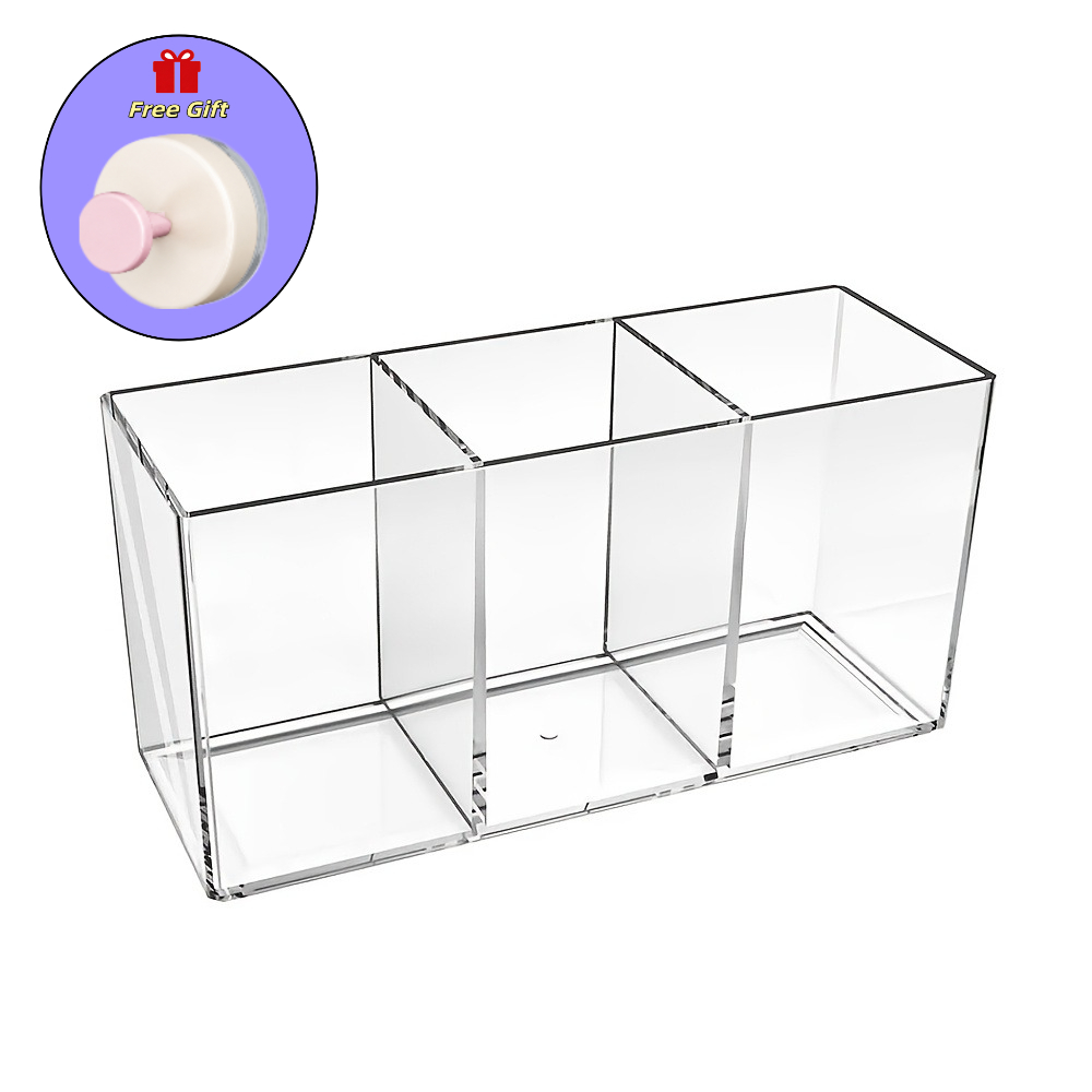 TEMU 2pcs Set (1pc Transparent Acrylic Cutlery Organizer And 1pc Heavy-duty Suction Cup Hook), With 3pcs Compartments - Kitchen Countertop Storage