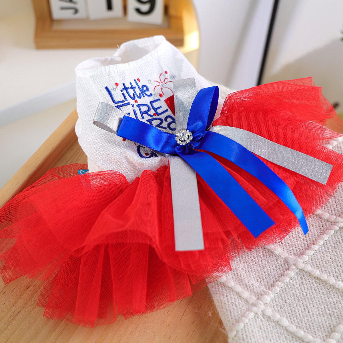 Spring/summer Pet Skirt Sleeveless Button Design With Embroidery Red Gauze Hem Blue Bow Small Cool And Breathable Active Wear