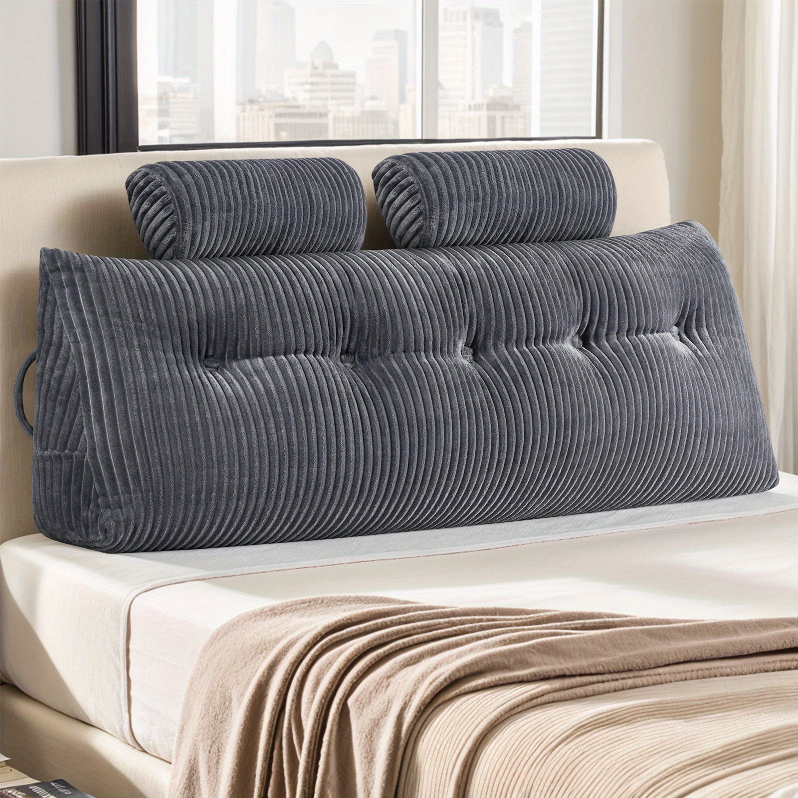 Image of Topchances Removable Pleated Velvet Bed Backrest Pillow With Side Pockets, Plush Triangular Waist Cushion, Durable Easy Clean Headrest For Double And King Beds, Bedroom Living Room