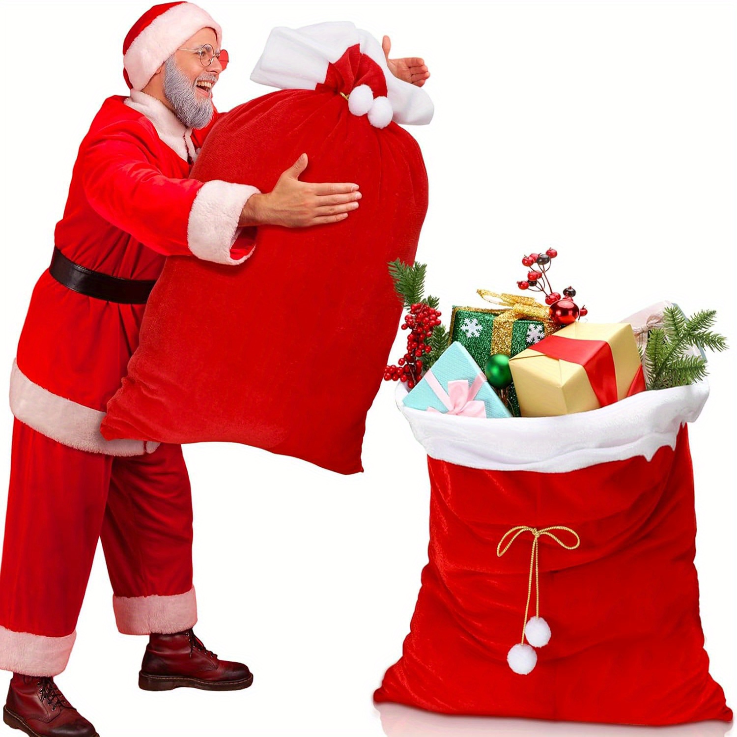 TEMU Gift For Her/him 25.76-inch Tall, Extra Large Red And White Christmas Gift Bag With Drawstring Closure - Heavy-duty Party Gift Bag, Elegant With