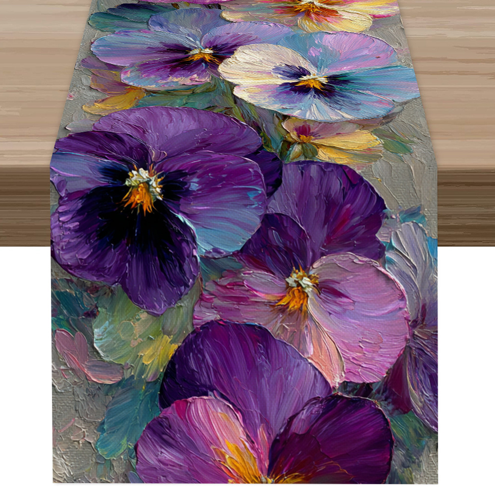 TEMU 1pc, Purple Pansy Cluster Printed Table Runner, Latest Spring Summer Table Runner, Flower Pattern, Oxygen Style, Printed Polyester Table Runner,