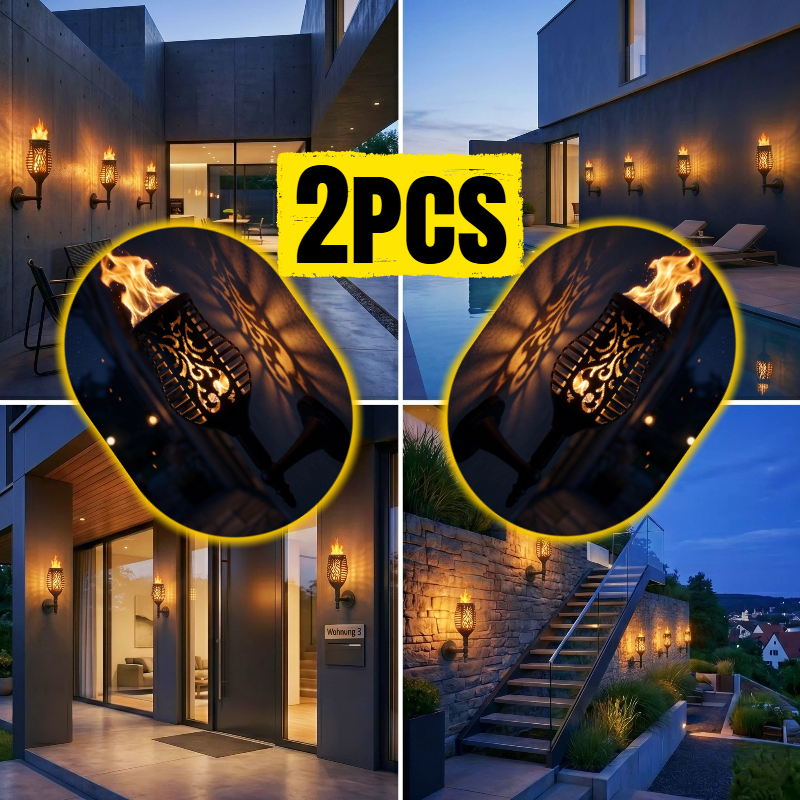 Image of 2-pack, Solar Flame Wall Light, Vintage Hollow Flickering Torch Lamp, Premium Landscape Lighting For Private Garden And Villa Exterior Wall, Elegant Patio Yard Ambiance Decor