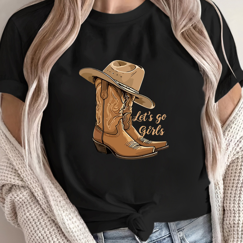 

1pc Women's Western Cowboy Boot Graphic T-shirt, Polyester 100 Neck Short Sleeve Casual Top, Geometric Pattern Knit Fabric, Regular Length Clothing