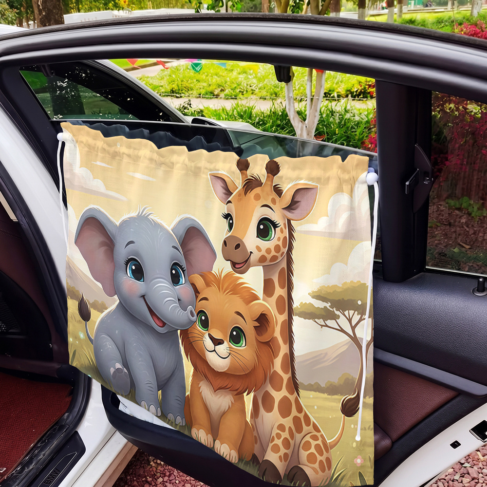 TEMU 1pc 2d Flat Car Curtain, Cartoon Animal Printed Sunshade, , Adjustable Cords, Suction Cup Side Curtain For Car Windows, Fits Most Models,