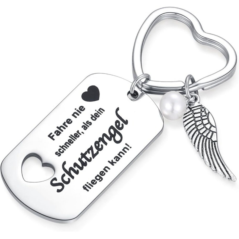 1pc Stainless Steel Keychain & Wing Charms, German " Give Up" Keyring, Pearl Accent, Inspirational Gift